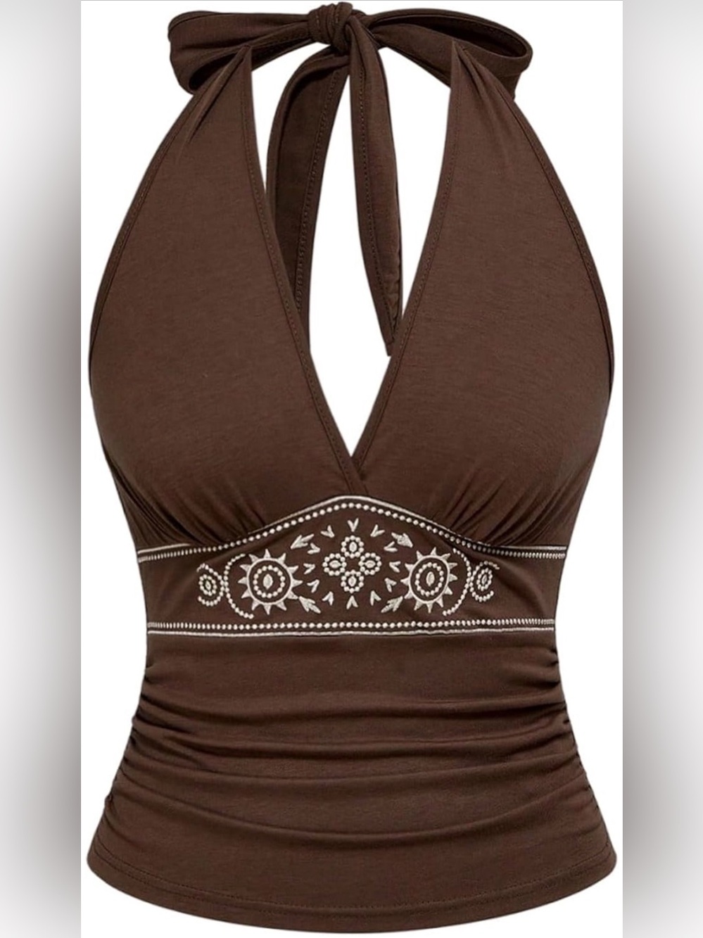 Women's Brown Embroidered Halter Swim Top